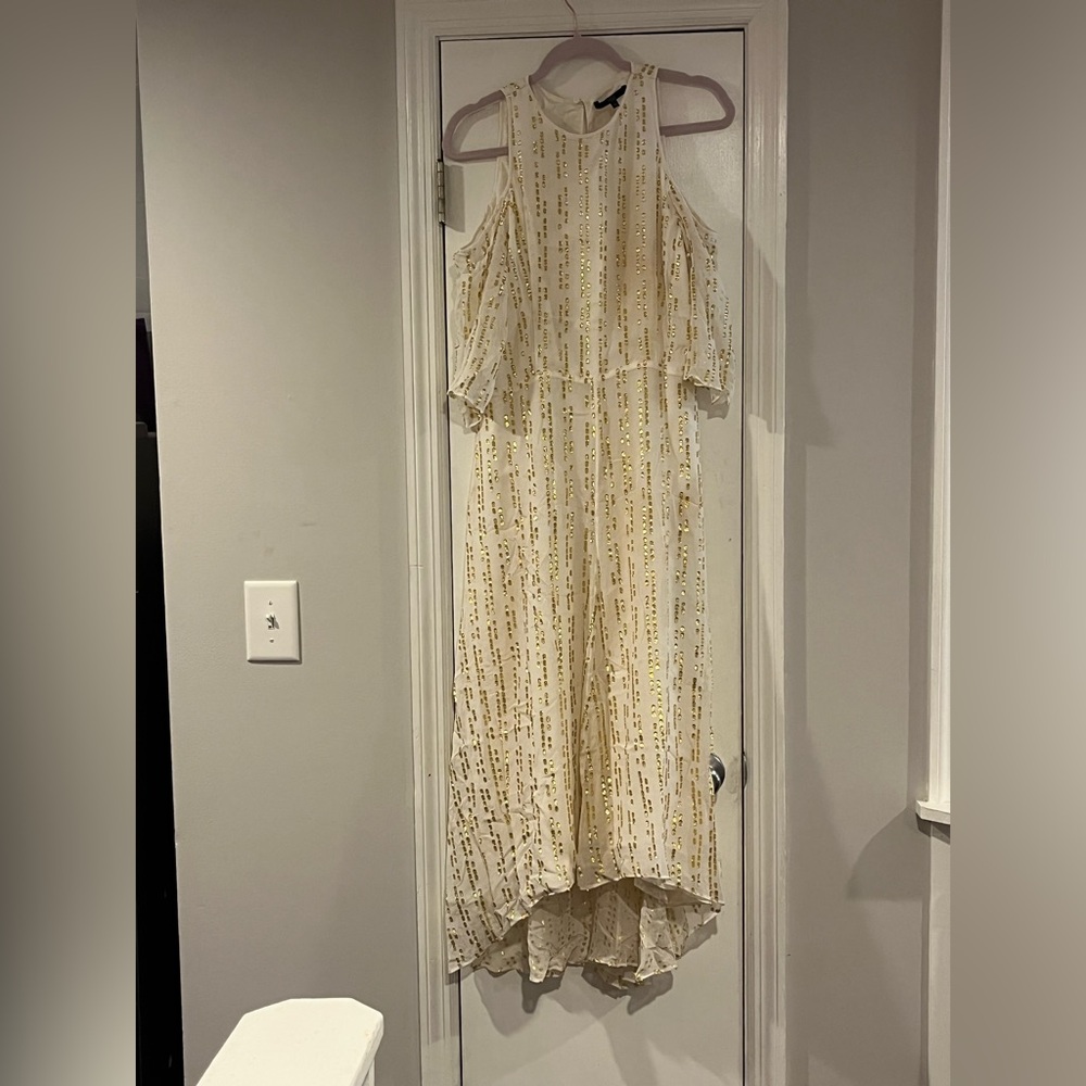 tibi off the shoulder white and gold high low dress | size: 10
